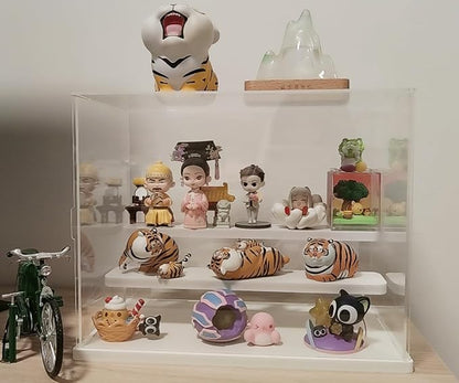Choowin 3 Tier Clear Acrylic Display Case for Collectibles, Mini Figures, Pop Mart, Labubu, Sonny Angel, Smiski - Assemble Dustproof Acrylic Display Box with Door, Stand (White Base Step)