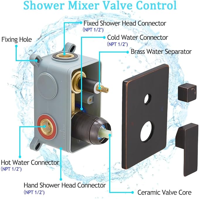 Oil Rubbed Bronze rain Shower Faucet Set Shower System 12 Inches Square Shower Head with Handheld, Waterfall Showerhead, All Metal Shower Faucet Trim Repair Kits (Contain Shower Valve)