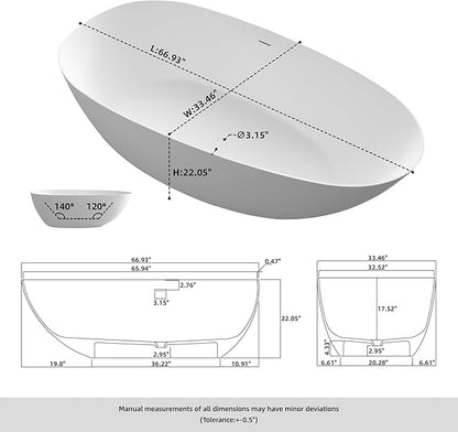 67" Stone Resin Freestanding Bathtub, Oval Solid Surface Bathroom Freestanding Tub, Thin Edge Stand Alone Tub with Integrated Slotted Overflow and Pop-up Drain, Matte White 302-170