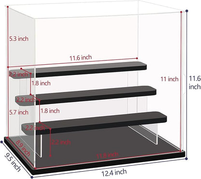 Choowin 4 Tier Clear Acrylic Display Case for Collectibles, Mini Figures, Pop Mart, Labubu, Sonny Angel, Smiski - Assemble Dustproof Acrylic Display Box with Door, Stand (Black Base Step)