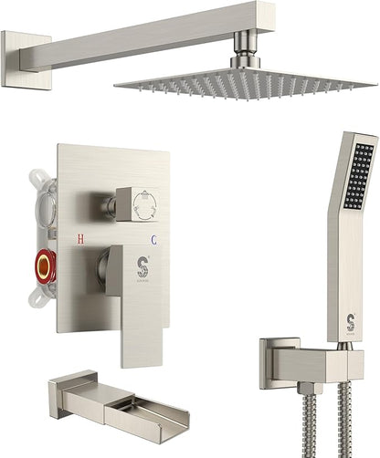 SR SUN RISE 8 Inches All Metal Square Shower System with Tub Spout, Tub Shower Faucet Set, High Pressure Rain Shower Head and Handheld Sprayer Shower Fixtues, Valve Included, Brushed Nickel