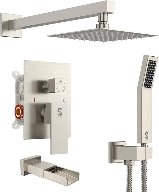 SR SUN RISE 8 Inches All Metal Square Shower System with Tub Spout, Tub Shower Faucet Set, High Pressure Rain Shower Head and Handheld Sprayer Shower Fixtues, Valve Included, Brushed Nickel