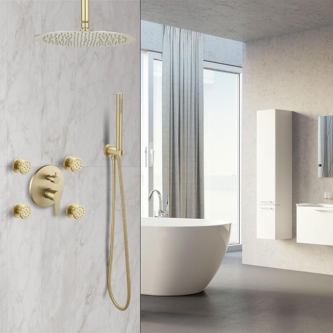 Brushed Gold Round Shower Faucet Set with Body Jets 16 Inch Shower Head Handheld Shower Combo Set High Pressure Ceiling Mount with Rough-in Valve