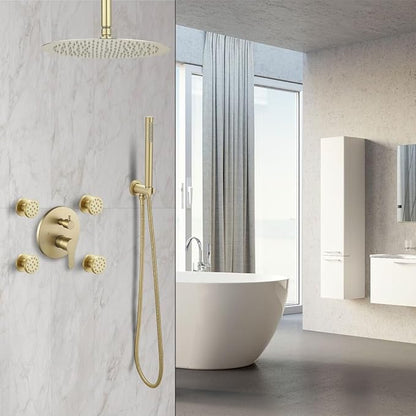 Brushed Gold Round Shower Faucet Set with Body Jets 16 Inch Shower Head Handheld Shower Combo Set High Pressure Ceiling Mount with Rough-in Valve