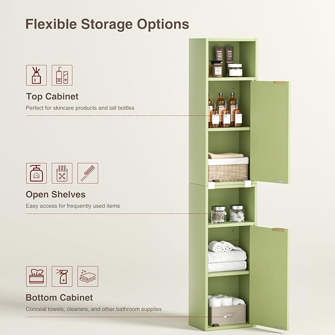 59.1" Tall Slim Bathroom Storage Cabinet Green | Freestanding or Wall Mounted Modular Cabinet, Fluted Panel Linen Tower with Adjustable Shelves for Small Spaces