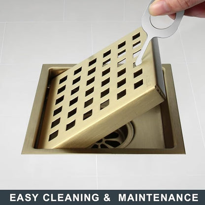4 Inch Square Shower Drain, 304 Stainless Steel Shower Floor Drain Kit with Flange, Removable Grid Cover Hair Strainer, Golden Brushed Nickel for Bathroom, Garage, Laundry Room