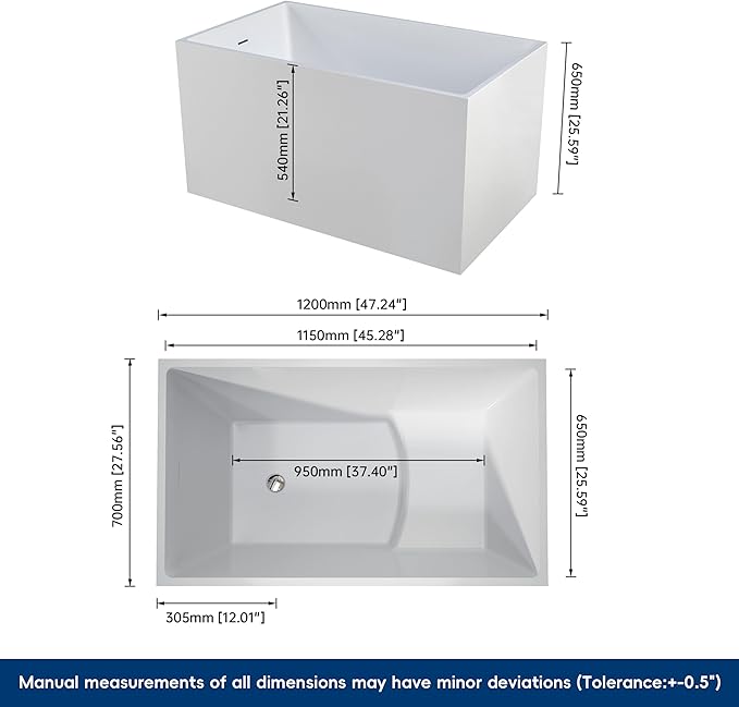 47" Acrylic Freestanding Bathtubs, Stand Alone Tub, Japanese Soaking Tubs for Bathroom, Integrated Overflow and Drain, cUPC Certified, Gloss White