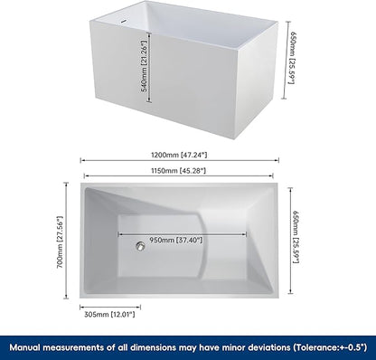 47" Acrylic Freestanding Bathtubs, Stand Alone Tub, Japanese Soaking Tubs for Bathroom, Integrated Overflow and Drain, cUPC Certified, Gloss White