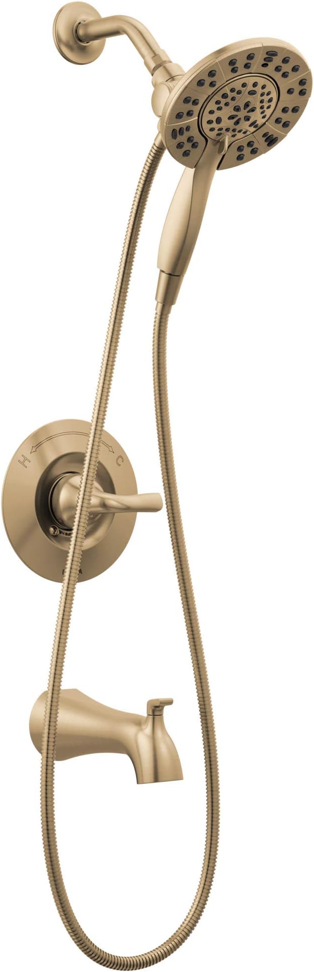 Delta Arvo 14 Series Brushed Gold Bathtub Shower Faucet Set with In2ition 2-in-1 Dual Shower Head with Handheld Spray Combo, Valve Trim Kit, Champagne Bronze 144840-CZ-I (Valve Included)