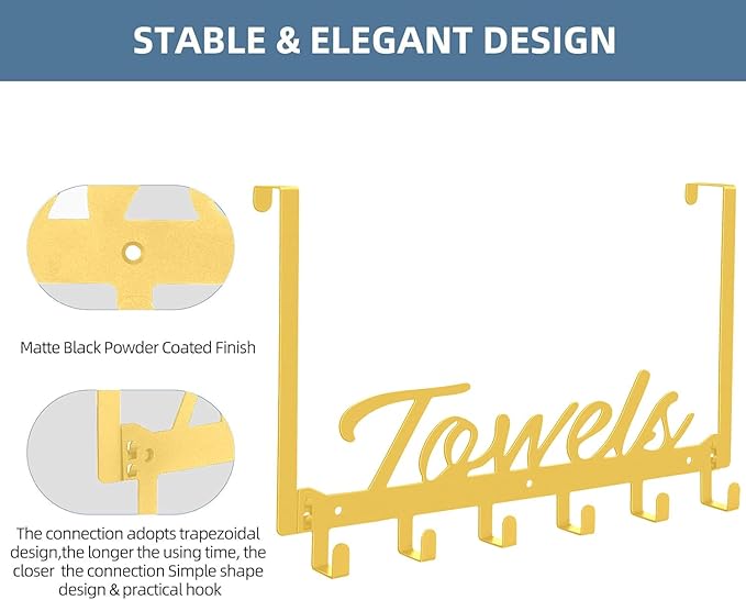 Over The Door Hooks, Towel Hook Towel Rack for Bathroom Towel Holder for Hanging Heavy Duty, Wall Mount Towel Hanger with 6 Hooks for Bedroom Bathroom Kitchen Towels, Bag, Coats, Hats(Gold)