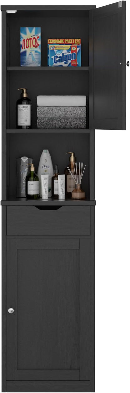 Walsunny Tall Bathroom Storage Cabinet with Freestanding Adjustable Shelves, Narrow Storage Linen Cabinet with 2 Doors and 1 Drawers for Bathroom, Living Room, Kitchen, Black