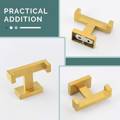 Angle Simple Double Towel Hook Brassy Gold 2 PCS, SUS304 Stainless Steel Bathroom Hand Towel Holder, Double Robe Hook for Wall