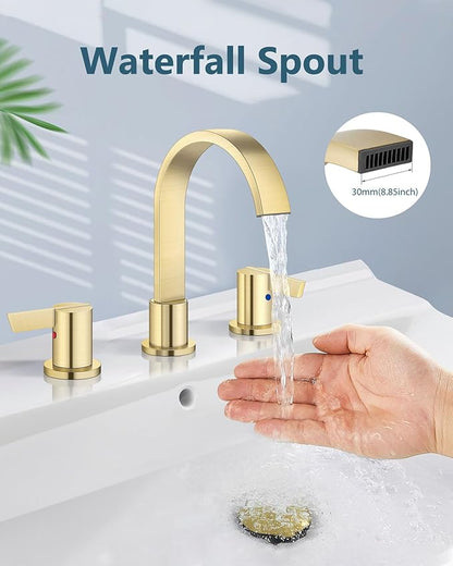 Aolemi Bathroom Faucets 3 Hole,8 Inch Widespread Waterfall Bathroom Sink Faucet,2 Handles Vanity Faucet with Pop-up Drain and Supply Hose,Gold