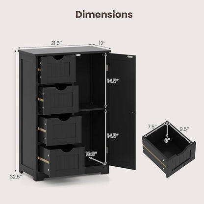 Giantex Bathroom Storage Cabinet with Drawers - 4 Drawer Storage Organizer w/Cupboard, Adjustable Shelf, Anti-Toppling Device, Entryway Storage Unit Console Table, Bathroom Floor Cabinet (Black)