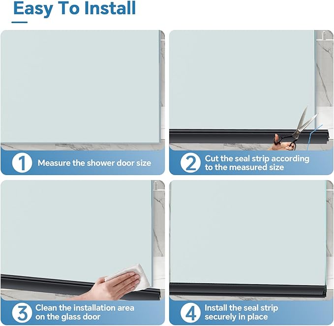 Shower Door Bottom Seal Strip, 2PCS Seal Strip, Clear PVC, 36" Length, Fits 6mm Thick Glass, Prevents Leaks, Easy Installation, No Adhesive Required (Black, 36in for 1/2"(12mm) Door)