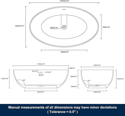 67" Premium Solid Surface Freestanding Bathtubs, Matte Black Oval Stone Resin Tub with Overflow and Pop-up Drain