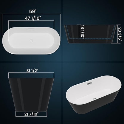 59 Inch Freestanding Acrylic Bathtub, Modern Soaking Tub with Chrome Overflow & Drain, CUPC Certified, Deep Soaking Design for Luxurious Spa Experience, Contemporary Bathroom Centerpiece