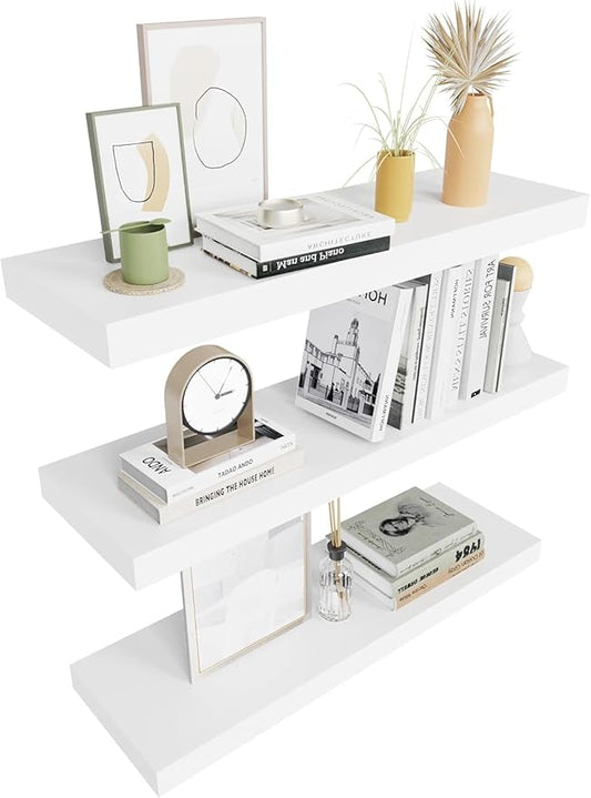 Colima Floating Shelves for Wall, Hanging Shelf for Books, Storage, Room Decor, Rustic Wood Wall Mounted Shelves for Bathroom, Toilet, Bedroom, Living Room, Kitchen, Office, White, 24in, Set of 3