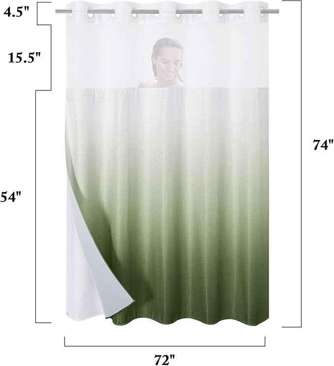 Gibelle No Hook Waffle Weave Shower Curtain with Snap-in Fabric Liner Set for Bathroom, Hotel Style with Mesh Top Window, Waterproof & Washable, Ombre Sage Green, 72x74