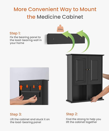 HAIOOU Bathroom Wall Cabinet with Motion Sensor LED Light, Wooden Medicine Cabinet Wall Mounted Cupboard, Over Toilet Storage Cabinet with Buffering Hinges and Adjustable Shelf - Black