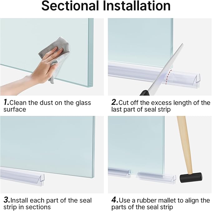 AmazerBath 3 PCS Shower Door Bottom Seal for 1/2 Inch Glass - (15.75 Inches x 3), 3 Section Segmented Shower Installation Kit Frameless Glass Door Seal Strip