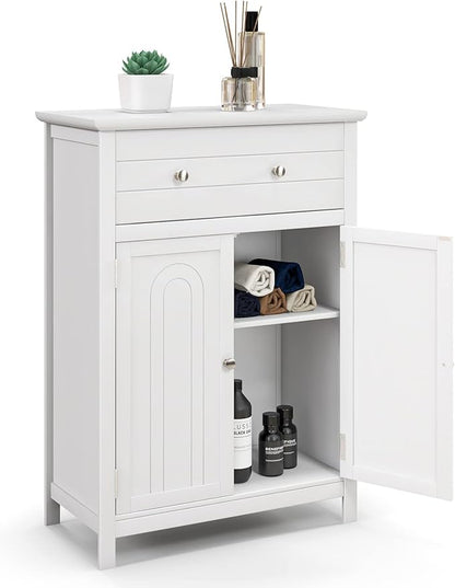 LOKO Bathroom Floor Cabinet, Kitchen Storage Cabinet with 1 Drawer, 2 Doors & 3-Position Adjustable Shelf, 2-Door Floor Storage Cabinet for Bathroom, Living Room, Entryway (White)