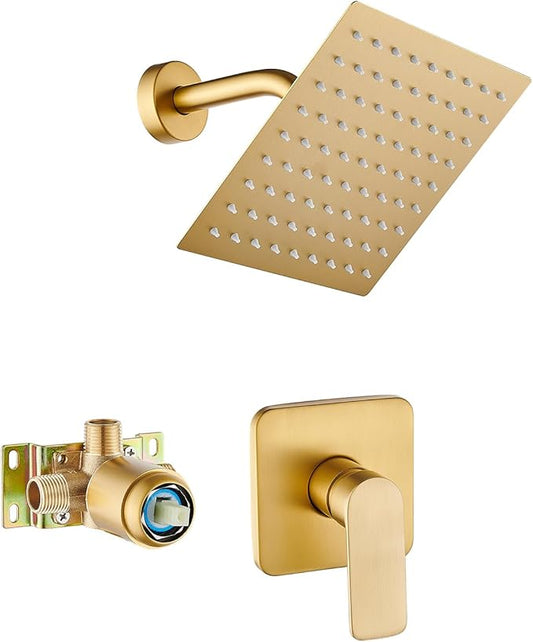 Brushed Gold Shower Faucet Single Function Trim Kit with Rough-in Valve Set Bath Rainfall Shower System 8inch Square Stainless Steel Metal Shower Head