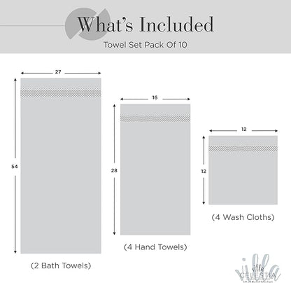 100% Combed Cotton Bathroom Towel Set of 10- 2 Bath Towels, 4 Hand Towels, 4 Wash Cloths, Sustainable, Soft, Highly Absorbent 10 Piece Cotton Bath Towel Set Ideal for Hotels, Spa, Bathroom, Dorm, Grey
