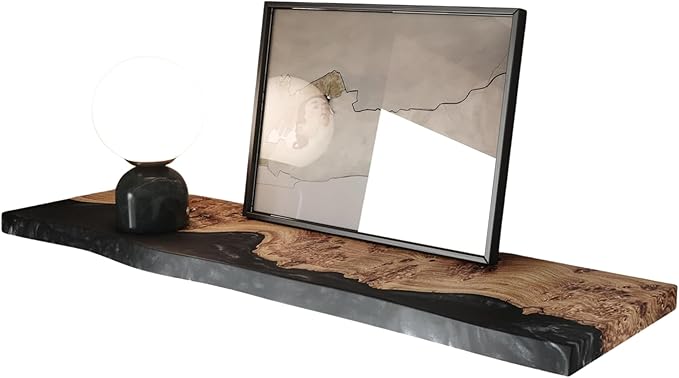 RWA Live Edge Floating Shelf – Unique Wood Floating Shelf for Wall Decor, Living Room, Bedroom, or Bathroom – Stylish Decorative Wall Shelves for Home & Office (Live Edge, Black - 24x7)