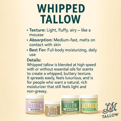 Whipped Tallow 9oz - All Natural Face Cream + Whole Body Moisturizer for Dry Skin - Made With Scented Oil Blend - No Preservatives, Parabens or Seed Oils - USA Made (Vanilla)