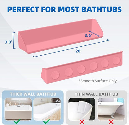 Splash Guard for Bathtub, 3.8" x 3.6" Silicone Bath Tub Splash Guard with 6 Suction Cups, Bathtub SplashGuard Play Shelf Area for Kids with 3°Drainage Slope for Faster Drying - Pink