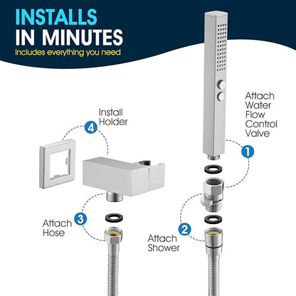 All-Metal High Pressure Square Handheld Shower Head with Jet Spray and Rainfall Modes, Volume Control Regulator, ON/OFF Switch, Hose and Wall Mounted Adjustable Bracket,Brushed Nickel Color