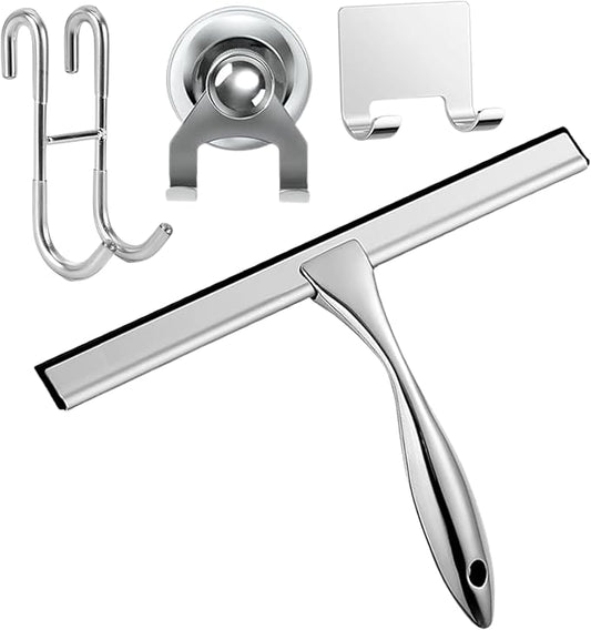 12'' Light Weight Stainless Steel Shower Squeegee for Glass Doors with 4 Pieces Set (1 Window Squeegee, 1 Door Hook and 2 Adhesive Hooks) Perfect Cleaning Tool for Car, Window, Bathroom Mirror