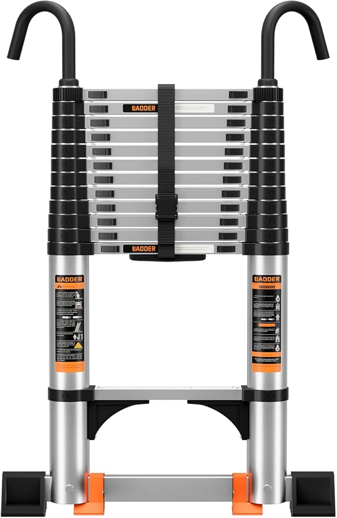 Telescoping Ladder,10.5FT Aluminum Multi-Purpose Collapsible Ladder with Stabilizers and Hooks,Jiashche Portable Extension Ladder for RV or Outdoor Work Silver,330lb Max Capacity