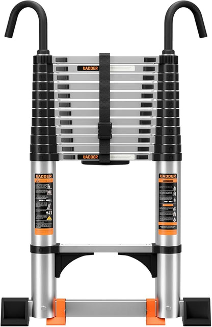 Telescoping Ladder,8.5FT Aluminum Multi-Purpose Collapsible Ladder with Stabilizers and Hooks,Jiashche Portable Extension Ladder for RV or Outdoor Work Silver,330lb Max Capacity