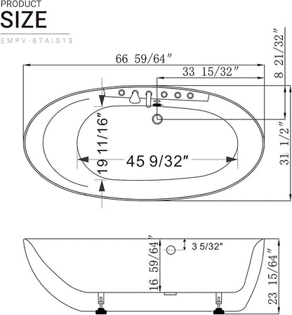 Empava 67 Inch Freestanding Whirlpool Tub -Hydromassage Gracefully Oval Shaped Stand Alone Jetted Bathtub with 7 Hydromassage Nozzles, Boat Shape, Hydromassage, Acrylic,ETL Certified