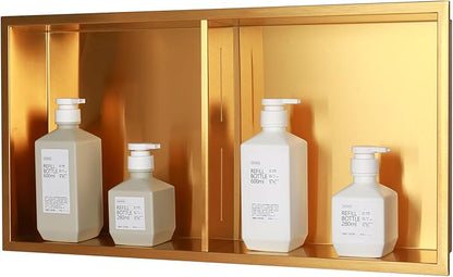 Non Tile Tube Niche Boxes for Showers,Bathroom Niche Double Shelves,Stainless Steel(Gold, 24 * 12 in)