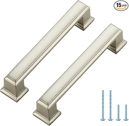 Ravinte Hardware 15 Pack Brushed Nickel Cabinet Pulls, 3-3/4 Inch (96mm) Hole Center Zinc Alloy Drawer Handles for Kitchen Cabinets, Cupboards, Dressers, Square Solid Metal Hardware