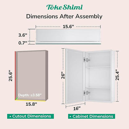 TokeShimi 16x26 Farmhouse Medicine Cabinet Recessed or Surface Mount Aluminum, Tempered Mirror with Adjustable Storage, White Bathroom Mirror Medicine Cabinet Frameless Metal Modern