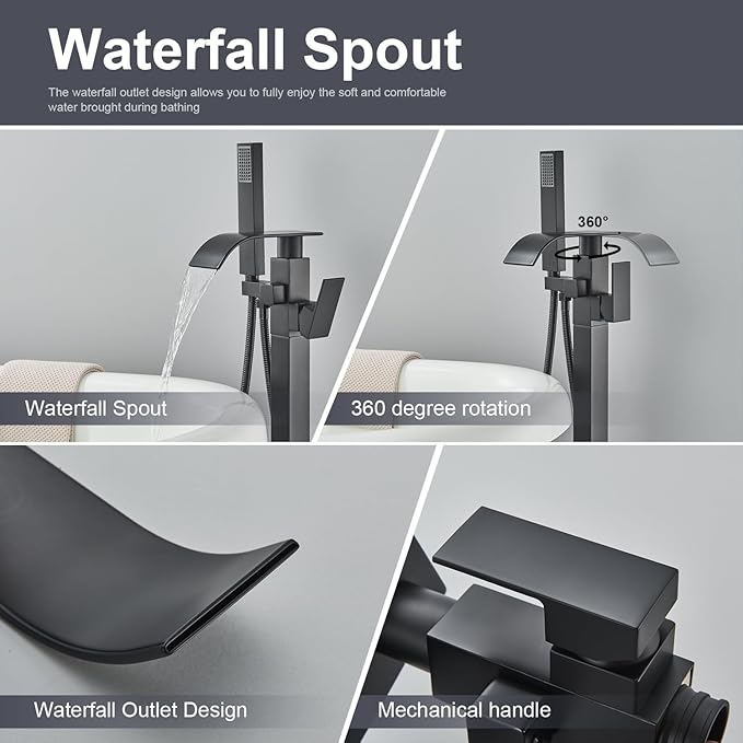 Senlesen Matte Black Free Standing Tub Faucet Floor Mounted Tub Filler Faucet Brass Bathroom Tub Faucets with Hand Shower