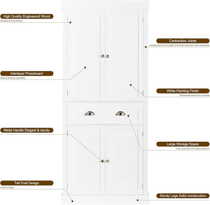 VINGLI 71-Inch White Storage Cabinets with Drawers, Freestanding Pantry Cabinets with Doors and Shelves Adjustable, Wood Farmhouse Kitchen Pantry Cupboard