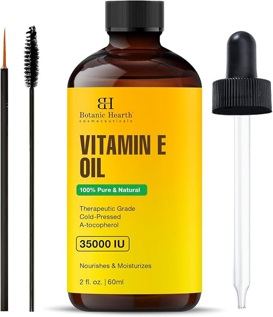 Botanic Hearth Vitamin E Oil (Glass Bottle 2 Fl Oz) | 100% Pure and Natural Oil for Growth of Nails, Hair, Eyebrows & Eyelashes | 35,000 Iu | Hair & Body Oil with Eyebrow & Eyelash Brush