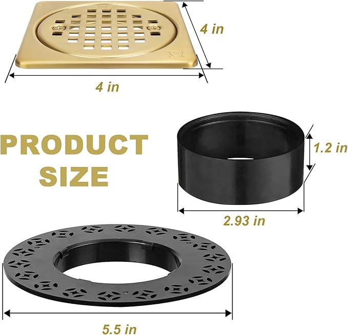 4” Shower Floor Drain Grate Kit Brushed Brass - Compatible with Schluter Kerdi-Drain Flange - with Adjustable Collar & Removable Square Cover, SUS304 Stainless Steel & CUPC Certification