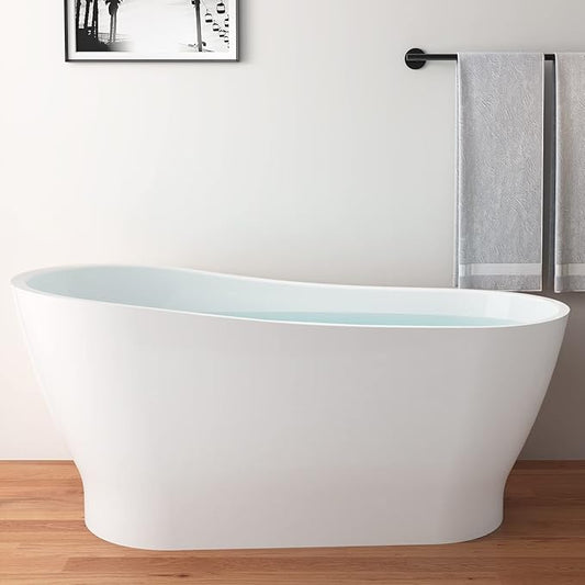 59" Acrylic Freestanding Bathtub, Elegant Skirted Free Standing Tub, Soaking Tub with Integrated Slotted Overflow, Toe-Tap Chrome Drain, cUPC Certified, Glossy White
