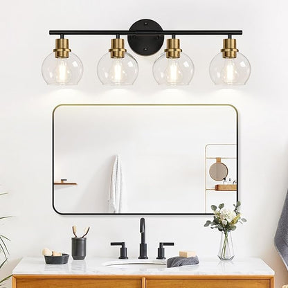 2025 Upgrade 4-Light Bathroom Light Fixtures, Black and Gold Bathroom Lights Over Mirror with Clear Glass Globe Shade, Vanity Lights for Bathroom Kitchen Living Room Hallway Cabinet Bedroom Porch