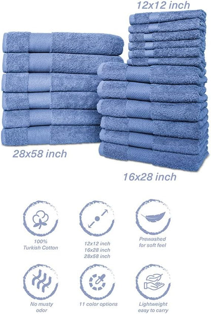 Hencely 18-Piece Bath Towel Set - High Absorbency, Quick Drying - 100% Soft Turkish Cotton - 6 Bath Towels, 6 Hand Towels, 6 Washcloths - Bathroom, Home, Hotel, Spa, and Gym - 18-Pack Blue