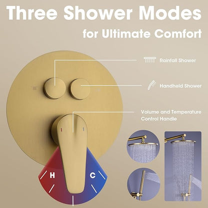 TRUSTMI Push Button Shower System, Brushed Brass Gold 10 Inch Rainfall Shower Set, Pressure Balanced Rough-In Valve and Trim Kit, Wall Mount