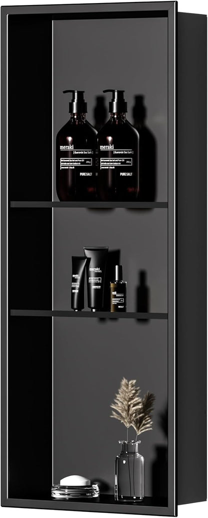 Neodrain 12X30 in Shower Niche, Matte Black 3 Layers Shower Shelf Stainless Steel Recessed Storage NO Tile Needed Recessed Niche Shower for Bathroom Storage