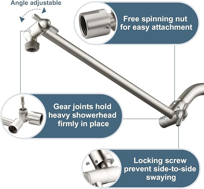 BRIGHT SHOWERS Brass Shower Head Extension Arm for Rain and Handheld Shower Head, 10 Inch Universal Shower Arm Extender, Height & Angle Adjustable, Brushed Nickel