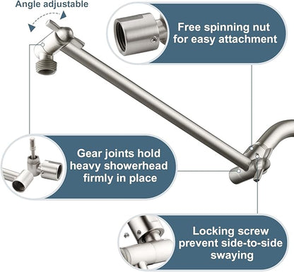BRIGHT SHOWERS Brass Shower Head Extension Arm for Rain and Handheld Shower Head, 10 Inch Universal Shower Arm Extender, Height & Angle Adjustable, Brushed Nickel